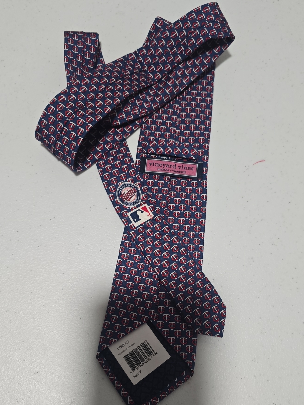 Vineyard Vines Navy Silk Tie with Red & White Twin-Logo Pattern